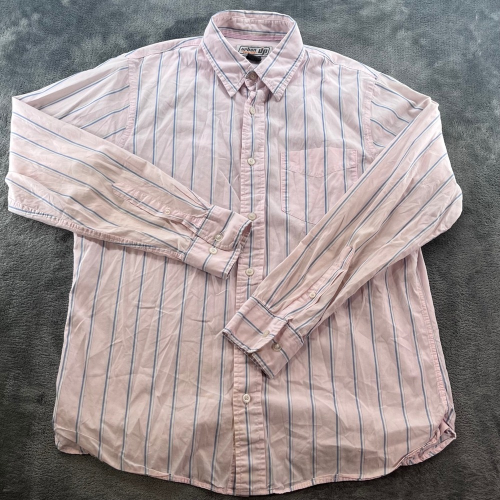Urban Pipeline Mens Medium Pink Blue Striped Cotton Long Sleeve Button Down